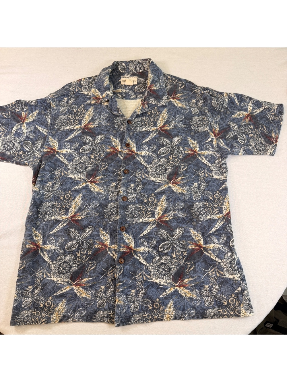 Vtg Natural Issue Hawaiian Camp Shirt Blue Leaf Men's L